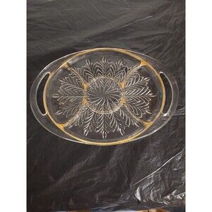 Unmarked Pressed Glass Oval Serving Tray w/ Handles, Clear Gold Trim Floral